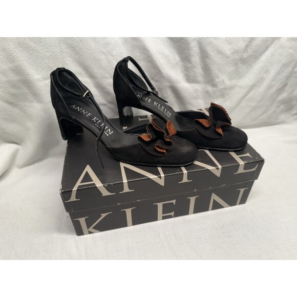 Anne Klein Serena Heels Women’s 6.5 Medium Black Brown Bow Suede 2” Ankle Strap - Picture 1 of 16